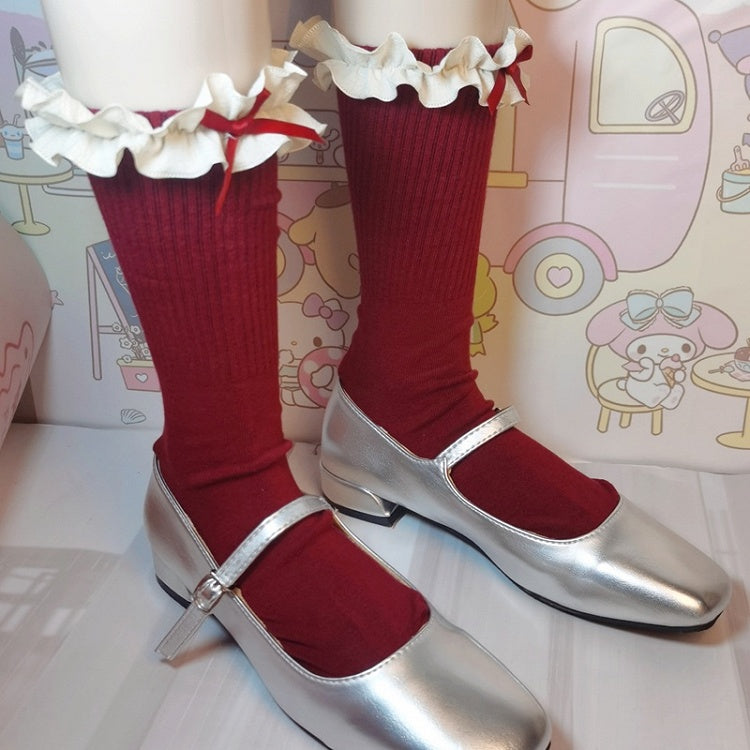 Grey Sweet Bowknot Ruffled Cuff Calf Socks