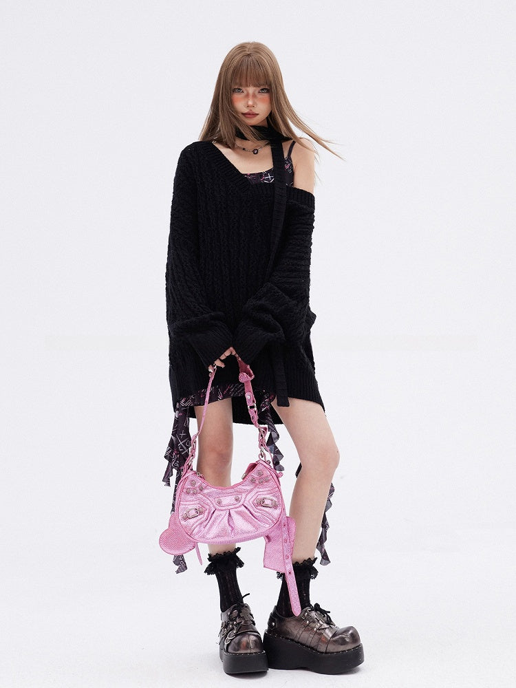 Apricot/Black V-neck Hollow-out Knitted Sweater