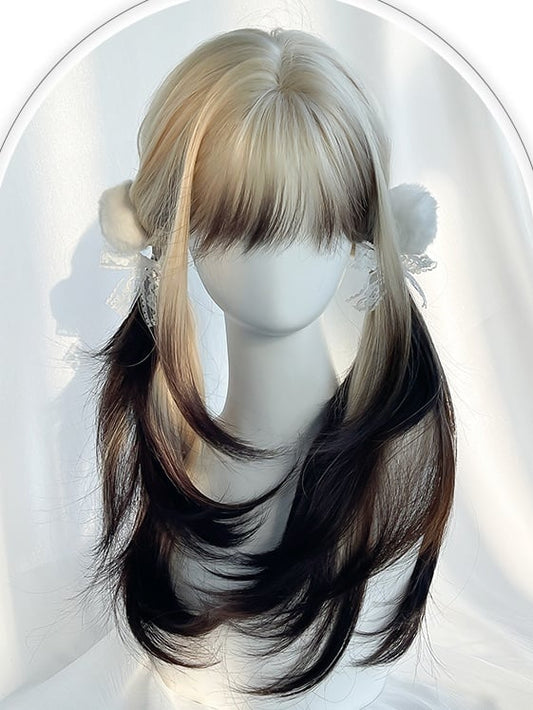 Blonde-black Ombre Long Straight Synthetic Wig With Bangs