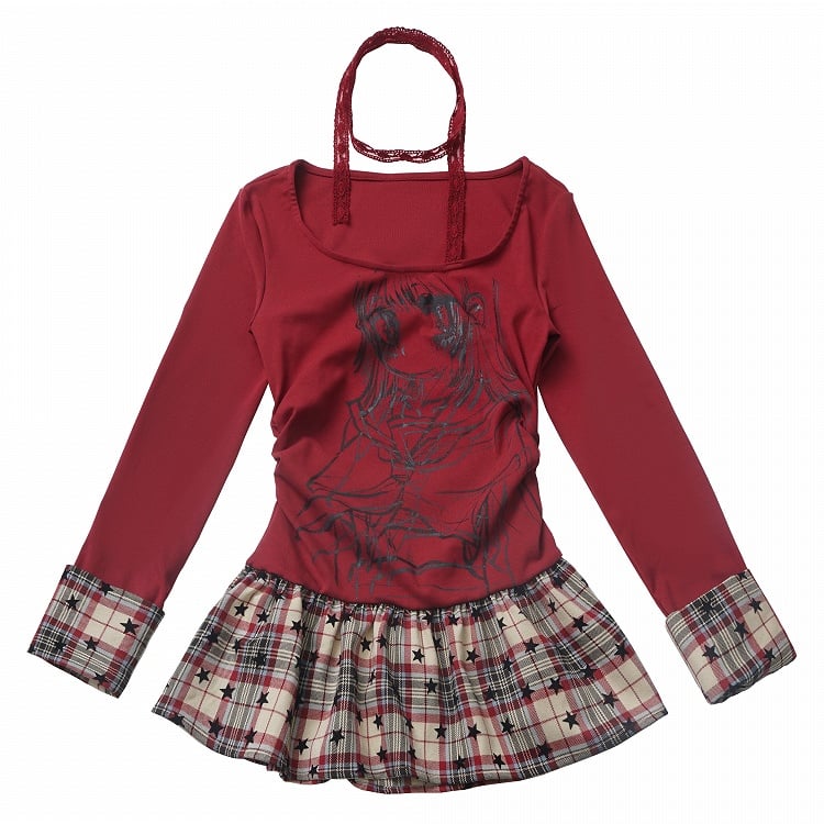 Design Top Round Neck Anime Girl Print Star White/Red Plaid Patchwork Pattern
