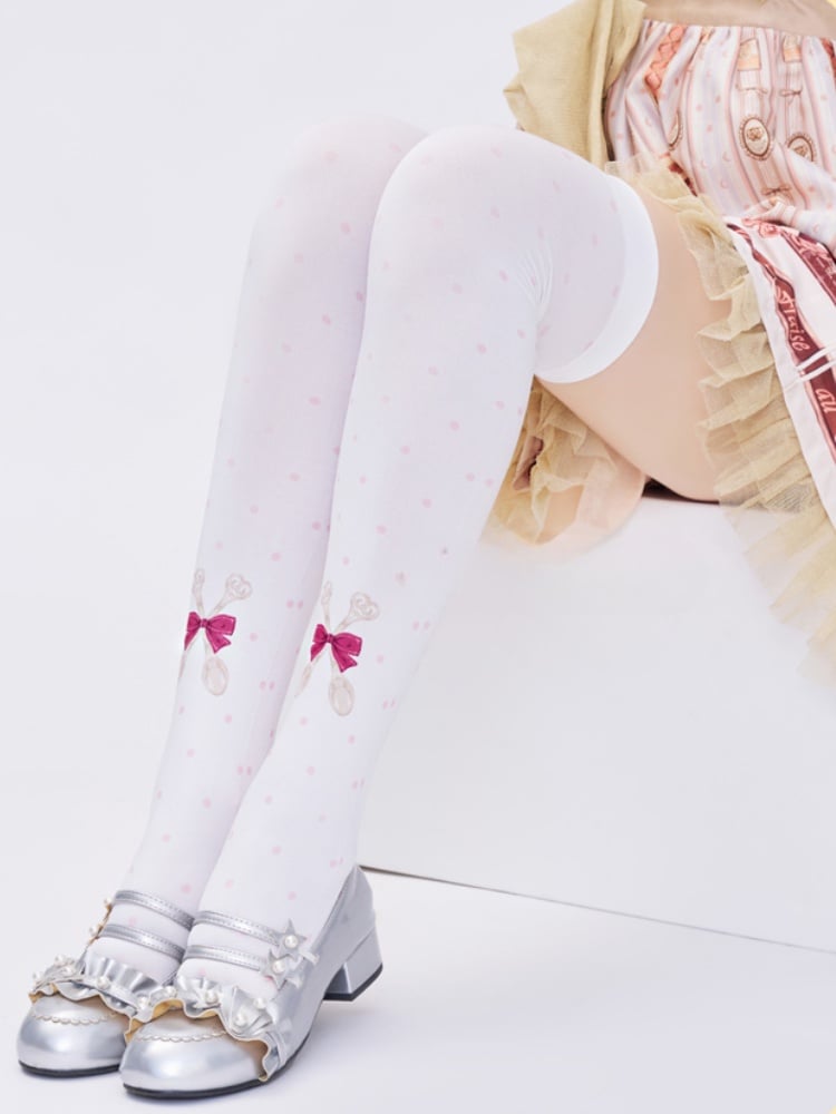 White Polka-dot Spoon and Bow Pattern Over Knee Stockings
