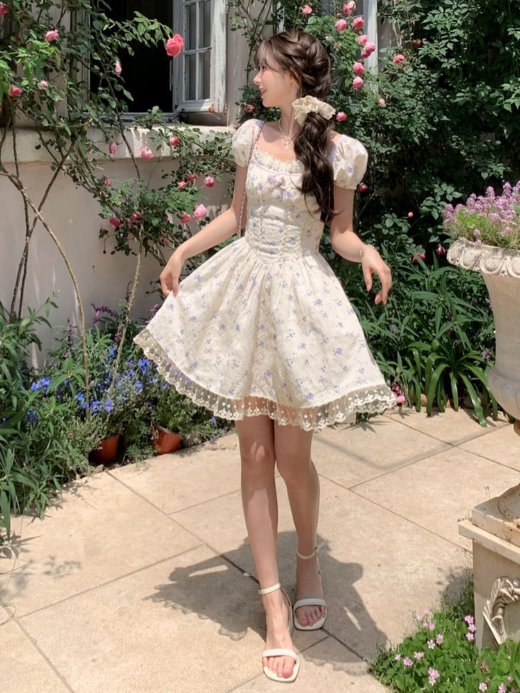 Kei Floral Dress Mori Beige Square Neckline and Short Puff Sleeves