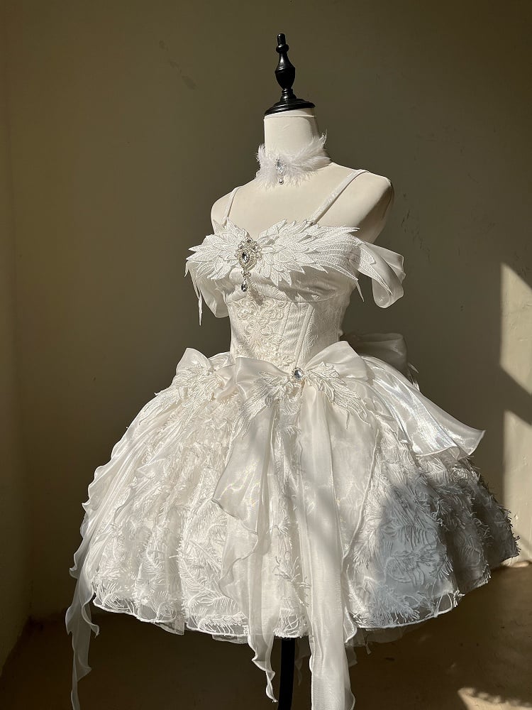 Bust White Swan Fabric Waist Princess 92-96CM Feather Basque Dress Fairy Straps XL Shiro for Lolita Clearance-Size Spaghetti