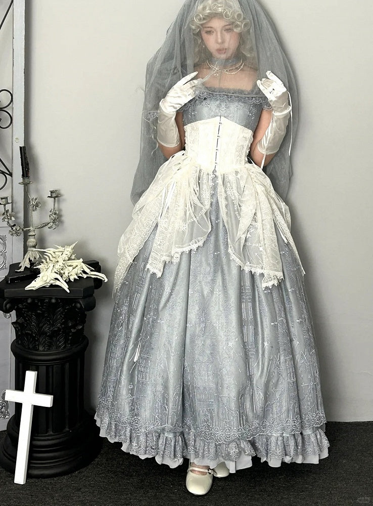 White Gothic Lolita Corset Belt with Drawstring Design Cathedral Embroidery Overlay