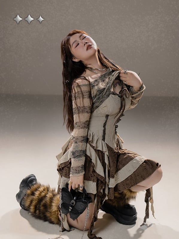 Plus Size Basque Waist Cascading Ruffles Distressed Wasteland Punk Brown Holes Cami Dress