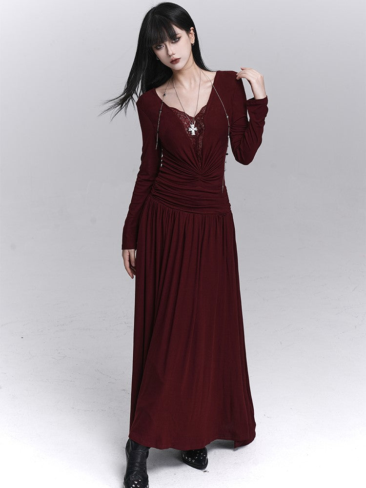 Maxi Gothic Detailing with Dark Red Abdomen Dress Lace V-Neck Ruched