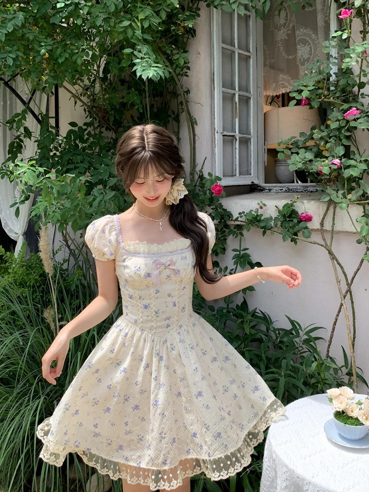 Kei Floral Dress Mori Beige Square Neckline and Short Puff Sleeves