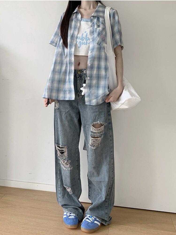 Straight-leg Jeans Blue Low Charm Free Rise Distressed Holes with