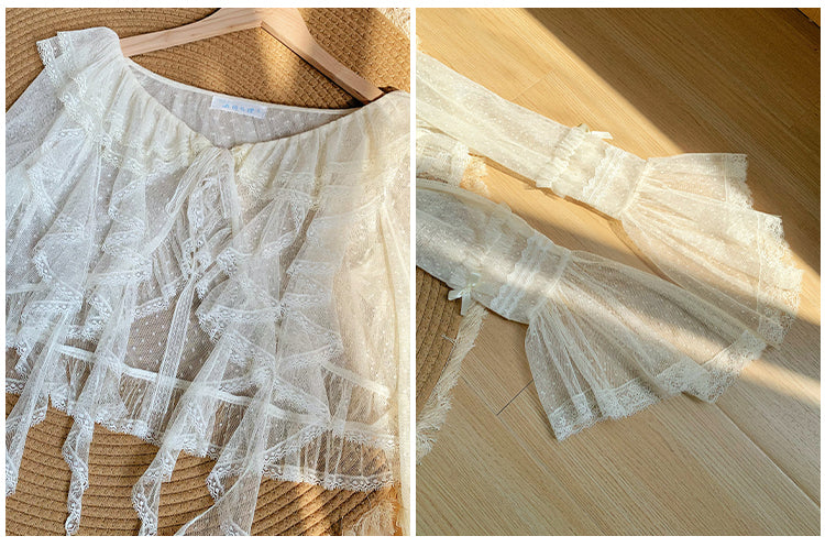 Long Sleeves Tulle Cascading Sheer Trim Top Beige Ruffle Dotted