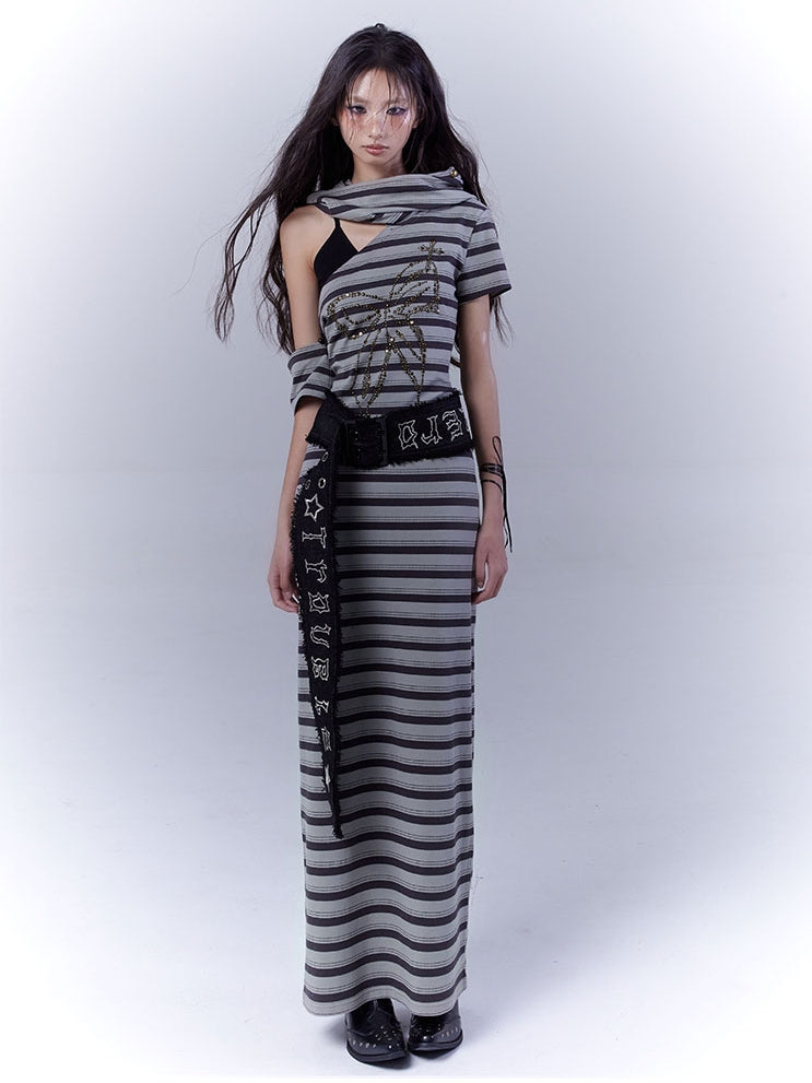 Cutout Wasteland Punk Hooded Buckle Gray Green Striped Dress and with Belt Shoulder