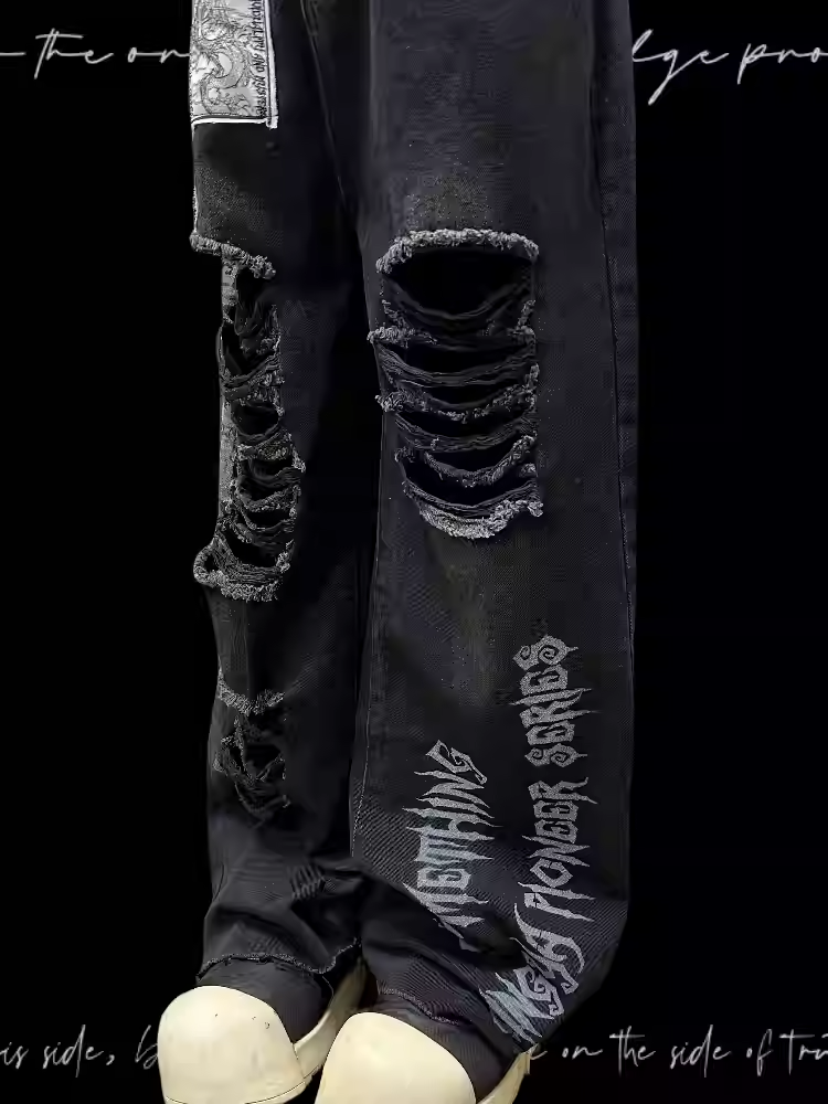 Black Punk Print Dragon Holes Hem Jeans Distressed Appliques Raw