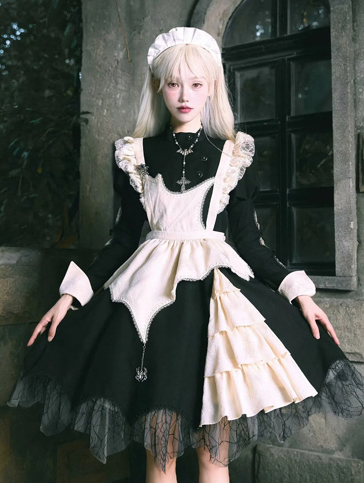 Schwarzes Lolita-Kleid mit geschwungenem Spinnennetz-Saum und beiger Schürze