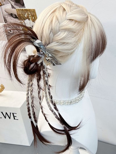 Wig Brown And Full Bangs Ombre Hair White Color Braided Synthetic With