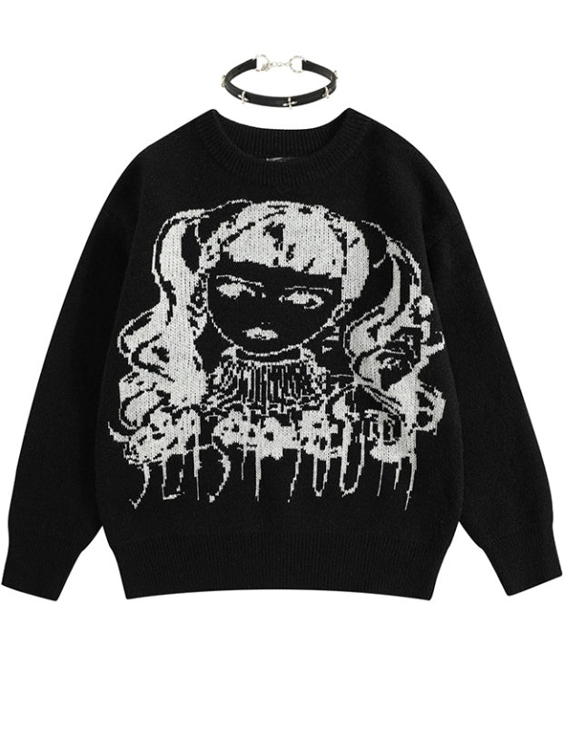 Wine Red/Black Y2K Girl Pattern Sweater with Free Choker