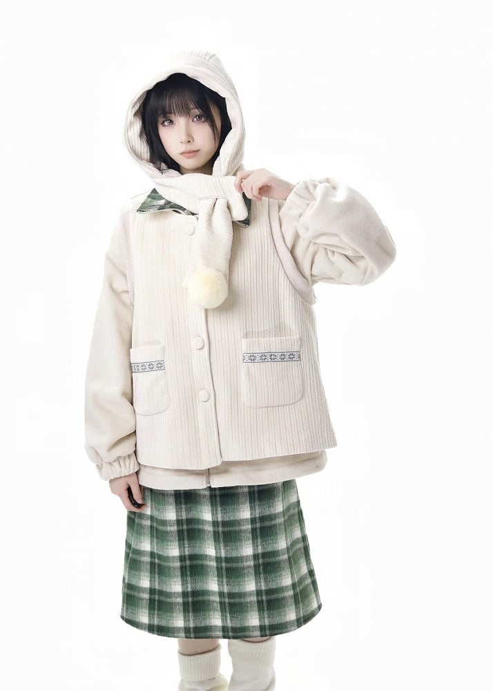 Apricot Horn Button Design Fleece Coat+Pompons Scarf+ Vest