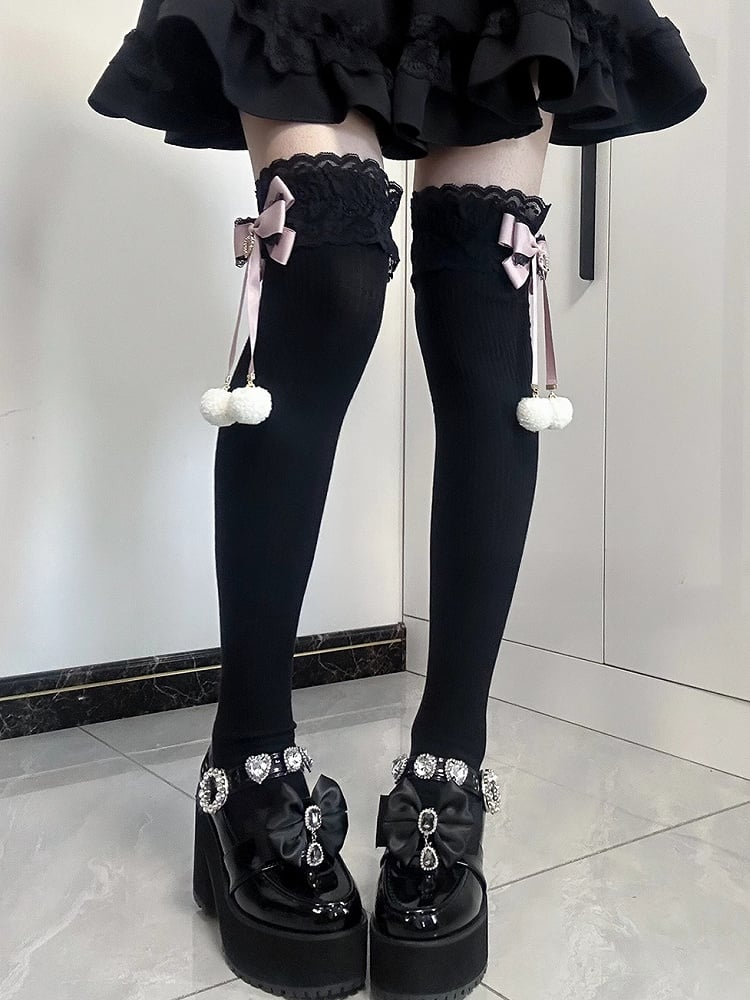 Jirai Kei Pompom-Details Spitzenbündchen Schleifen Overknee-Strümpfe