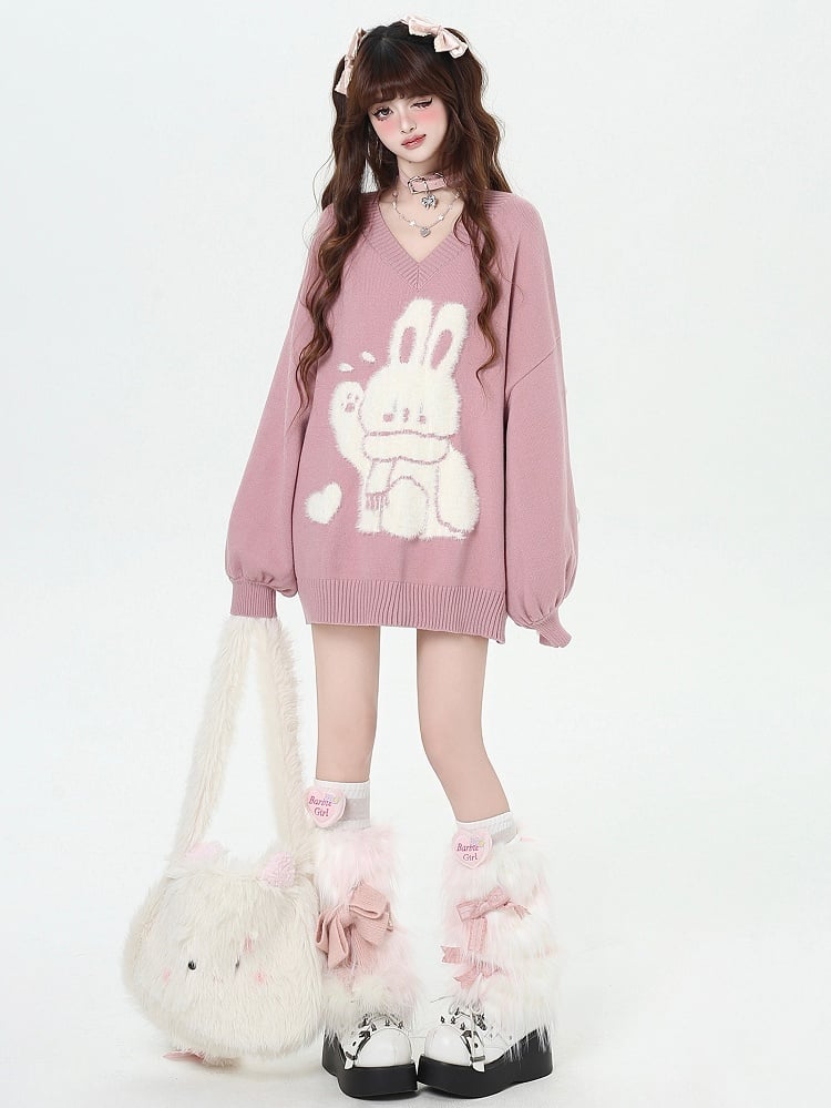 Bunny Pink Detail Sweater V-neck Sleeves Plush Cute Loose Lace-up at with