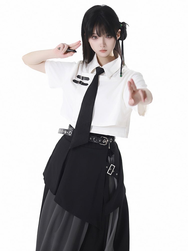 Black Asymmetrical Hem Corset Belt with Buckle Belt