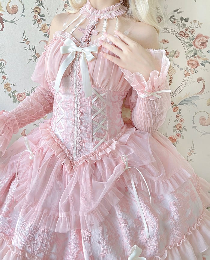 Neck Balletcore Corset Lolita Dress Pink Belle JSK Halter Cross