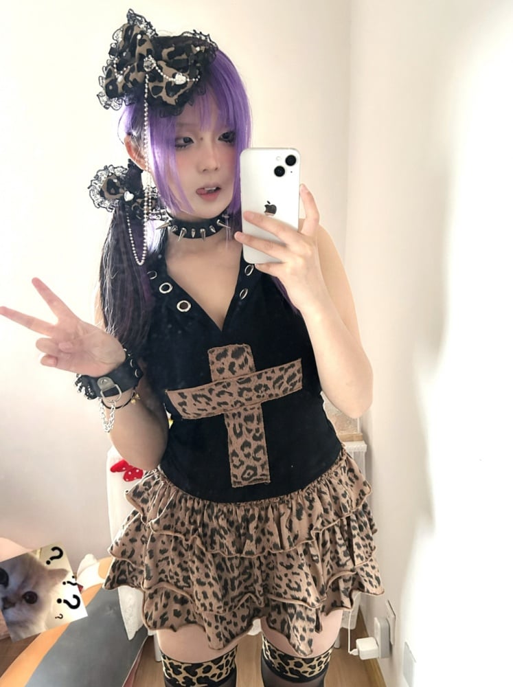 Y2K レオパード柄 ティアードスカート