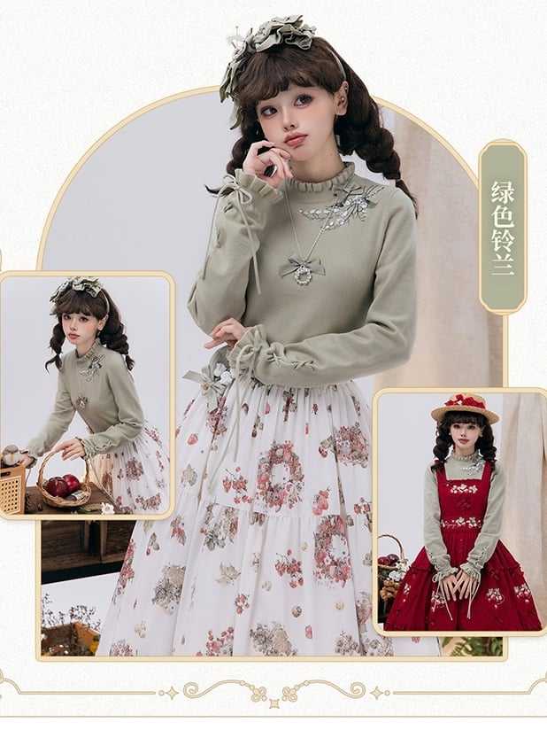 Lace-up Autumn Cuffs the Knit Lily Valley Green of Embroidery Top