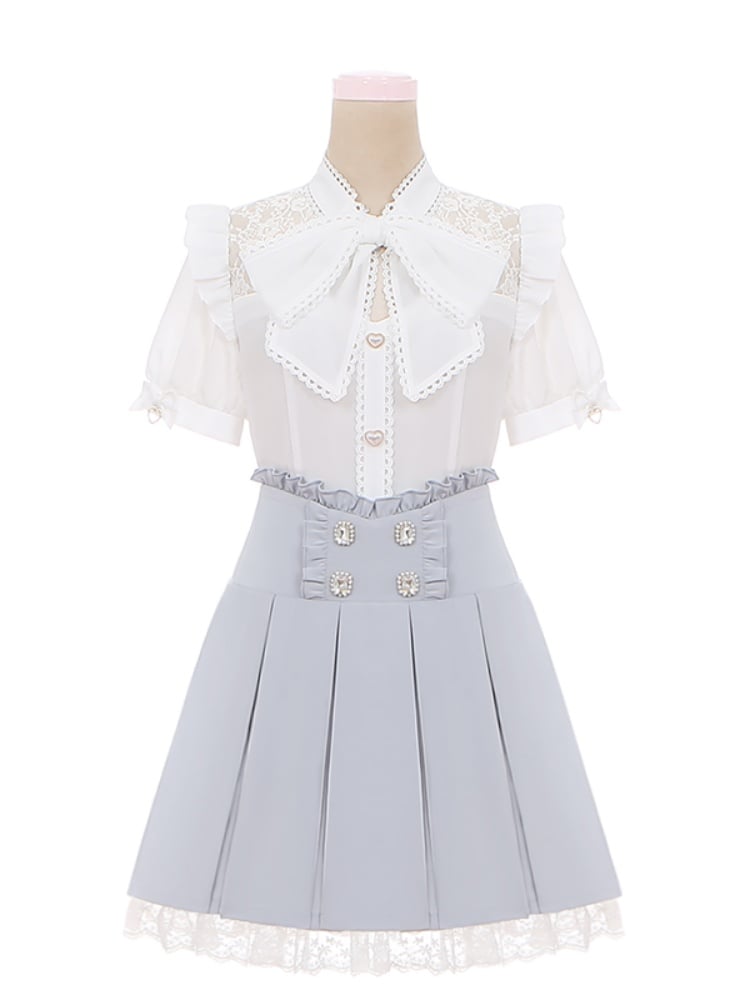 Accents Trim Jirai Light Blue Box Pleat Skirt Lace Ruffled Rhinestone Kei