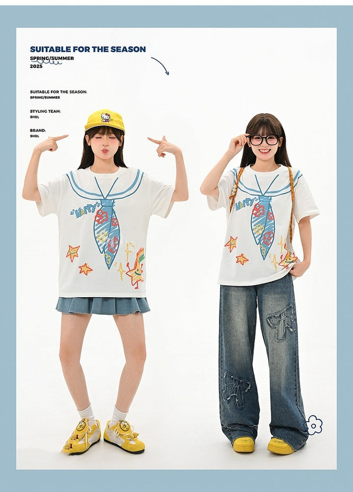 Weißes, lockeres, süßes T-Shirt mit Rundhalsausschnitt und Matrosenkragen