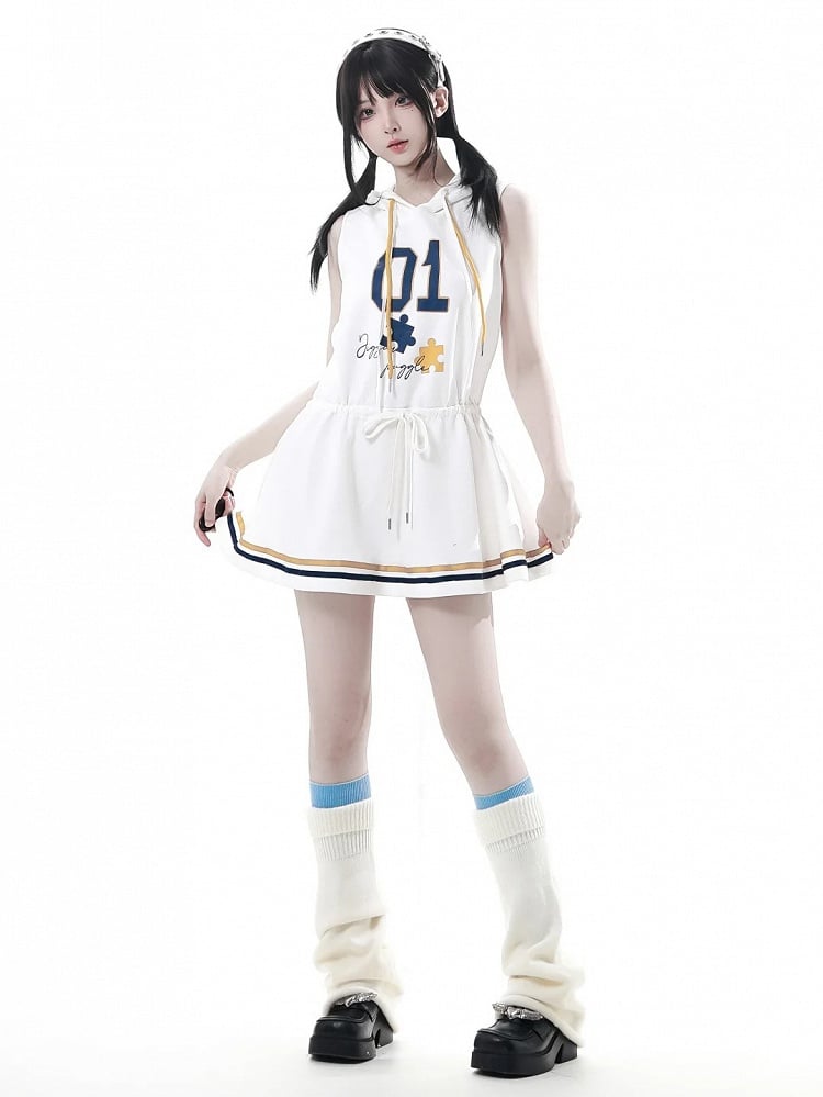 Dress with Yellow Drawstring Hem Hood,Blue Waist Striped Hoodie and Blokette Sleeveless White