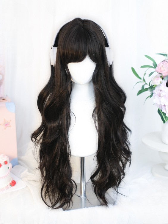 Black 65-70CM Tea Bangs With Side-swept Wig Length Wavy