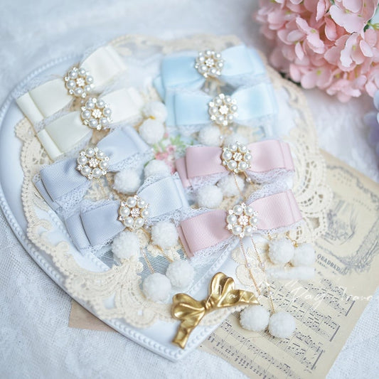 Pompons Charm Jirai Kei Bow Hairclips Pink/Dusty Blue/Creamy Blue Dusty White/Light