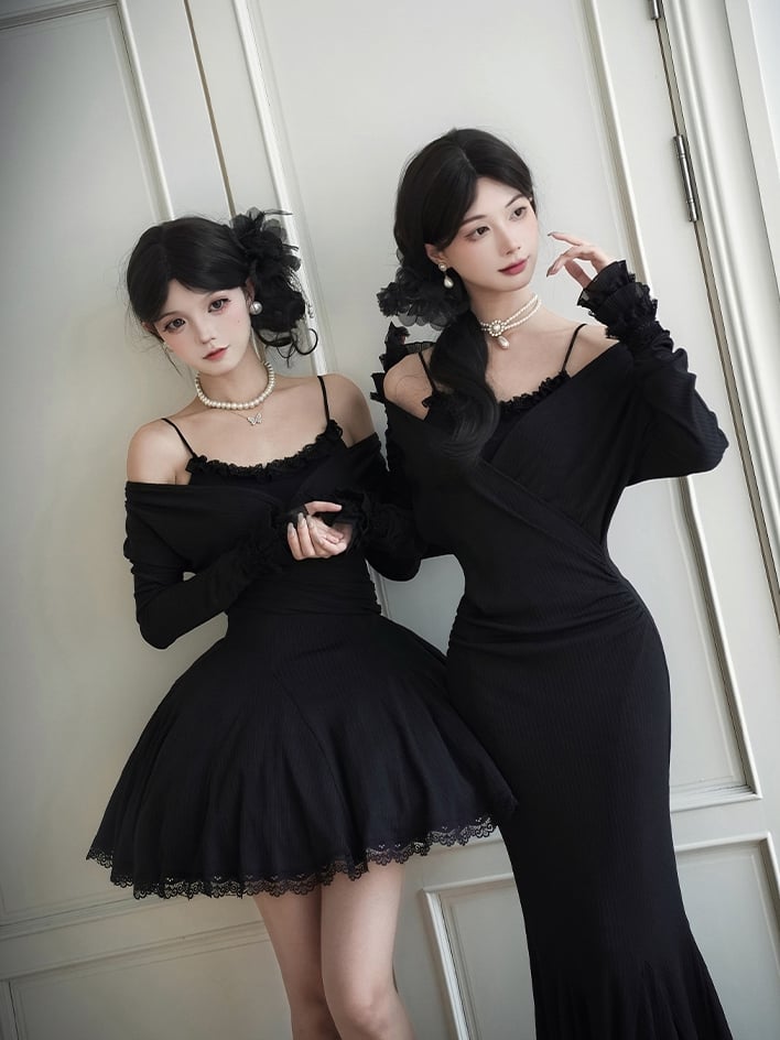 Dress Trims with V-Neck Lace Sleeves Knit Black Deep Short Long