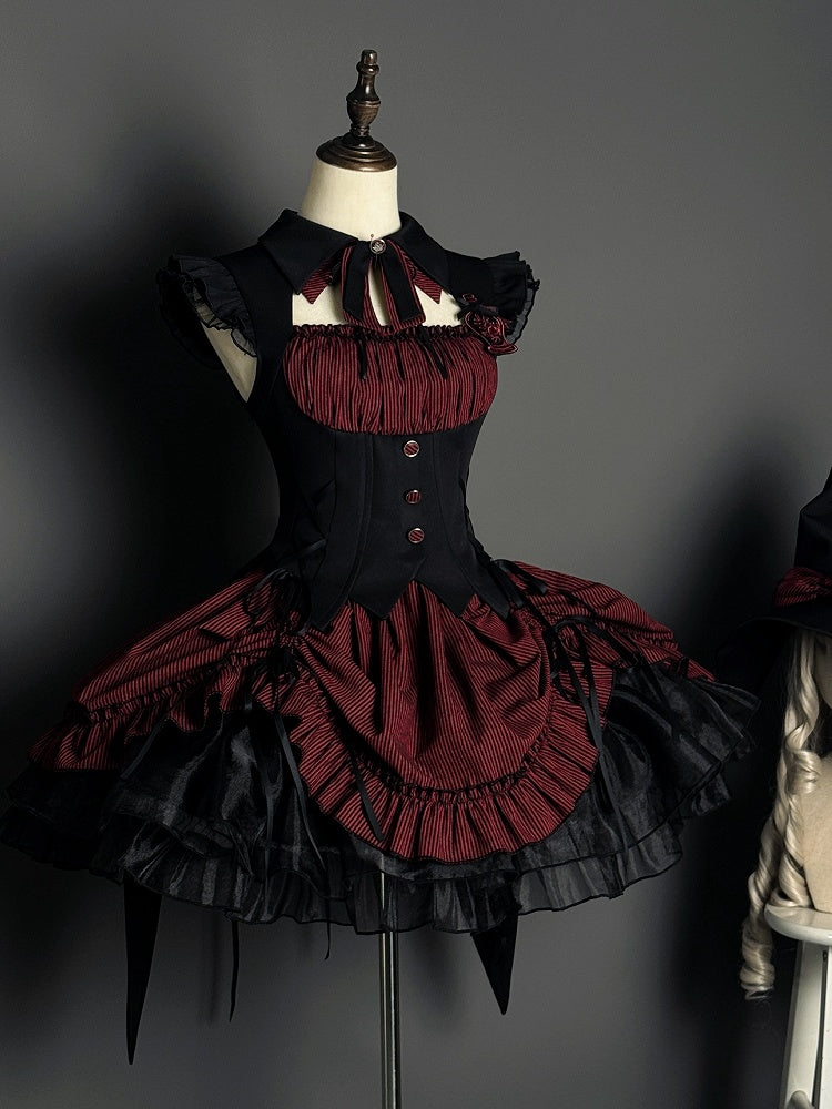 Lolita Halloween Gothic Kordelzug mit schwarzem Muster und Taille, gestreiftes rotes Kleid