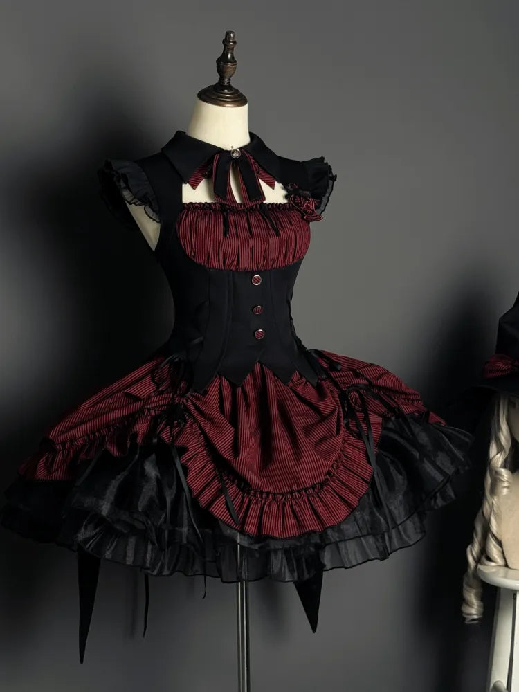 Red and Black Boned Waist Drawstring Striped Pattern Hem Halloween Gothic Lolita Dress