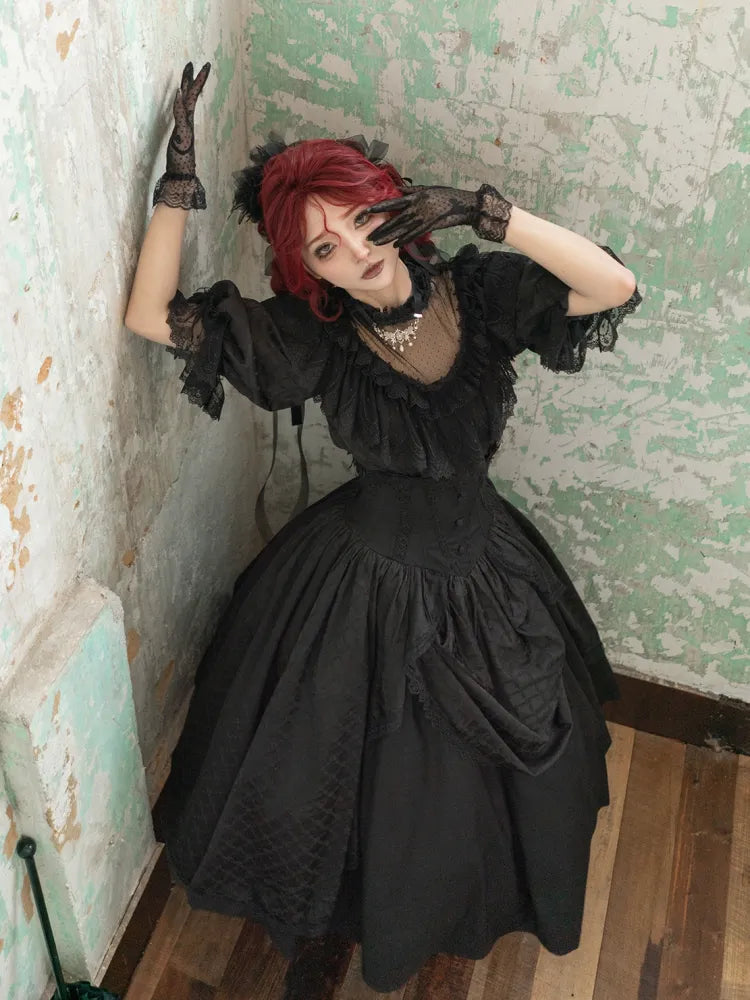 Schwarzer Korsett-Taillenrock mit Knochen und hoher Taille, Aristokratischer Gothic-Lolita-Rock