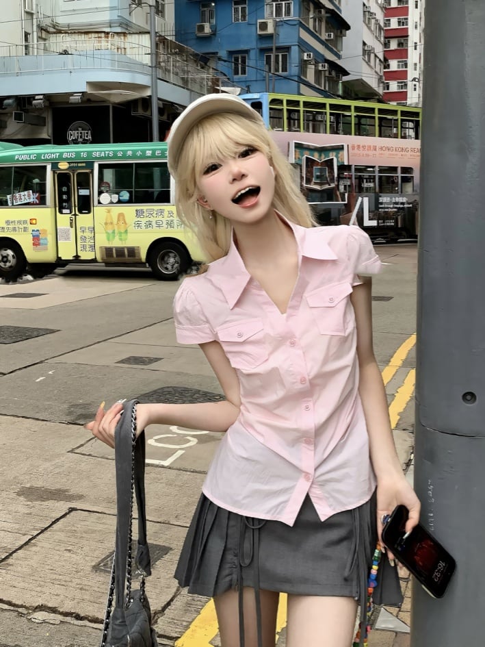 Pleated Skirt Style Preppy Sweet Pink Short Sleeve Shirt/Gray Mini