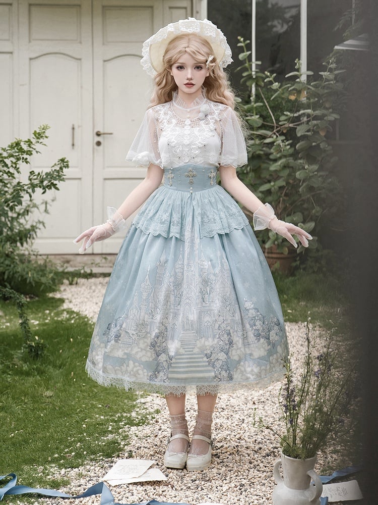 White Skirt High Cape Waist Top Cami + Tulle Print Castle Blue