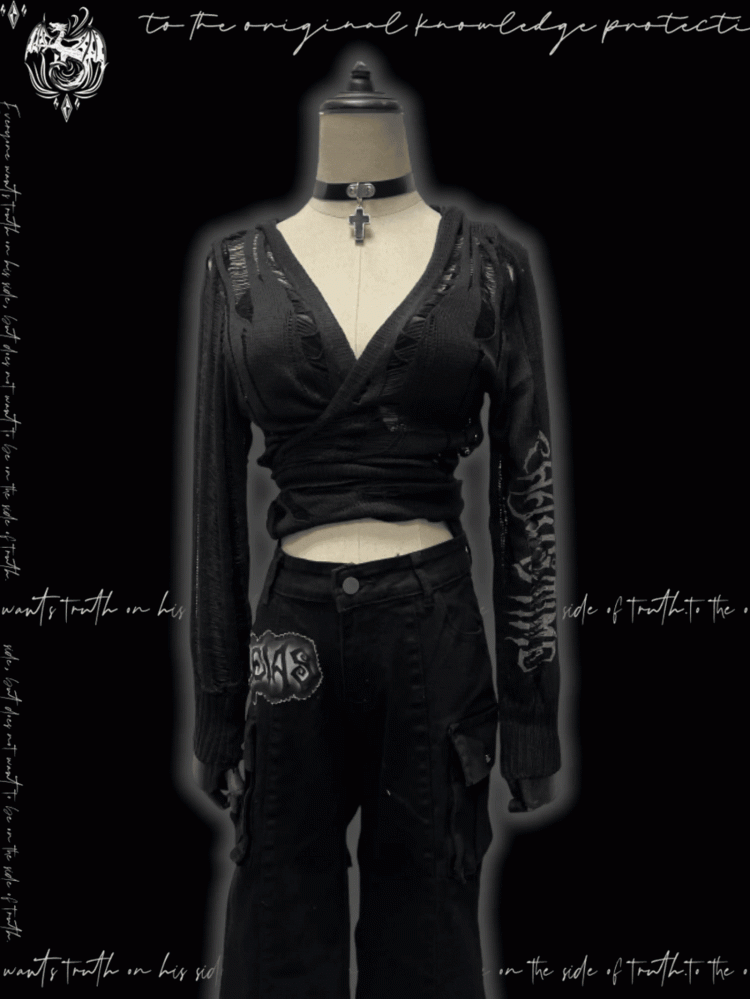Strap Punk Black Distressed Holes with Hooded Cardigan Glamorous Self-tie
