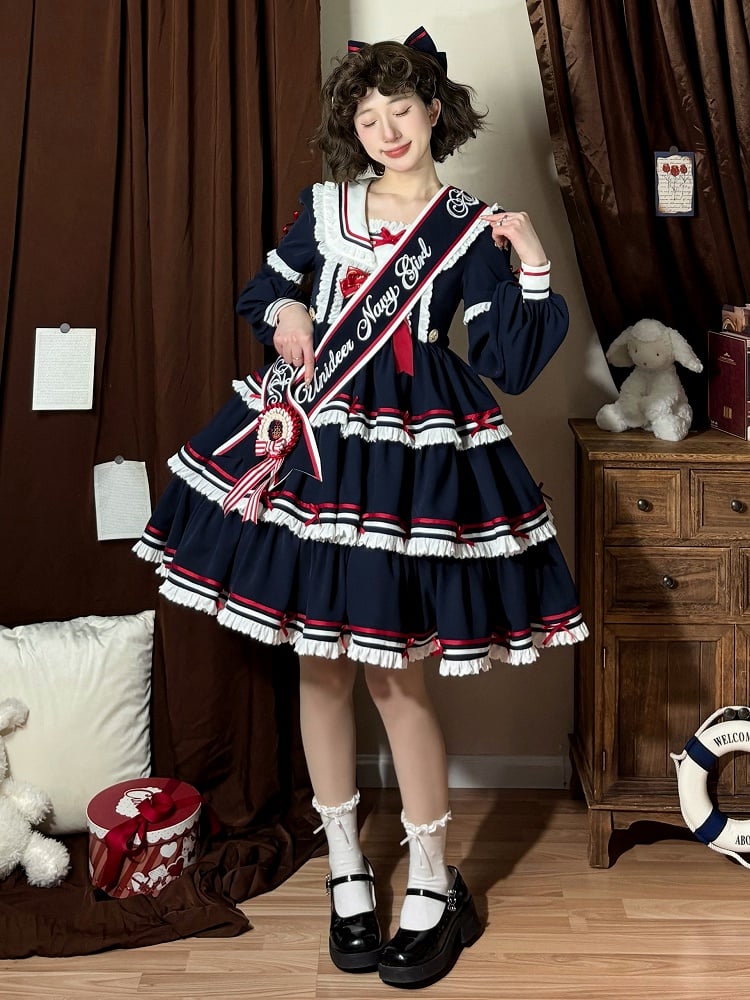 Sailor Set Lolita Navy Summer Dress Skirt Full OP Navycore Tiered Blue