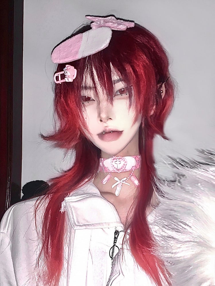 ピンク/ブルーのヤミカワイイ 蝶結び ハート クロス ウィング チョーカー