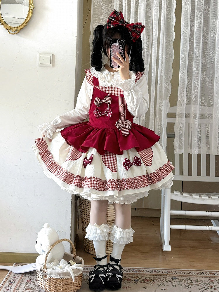 Rotes Gingham Lolita-Overallkleid mit süßer Schleife