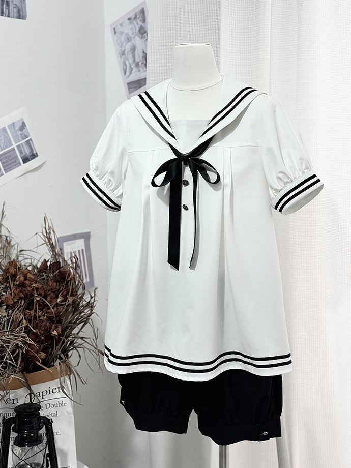 Shorts Sleeves Short Black and Sailor White Collar Shirt