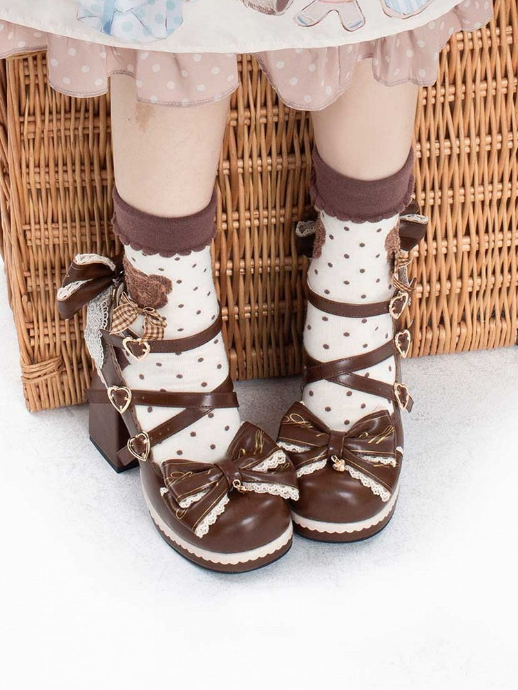 Heart Block Detachable at High Crisscross Brown Buckles Design Top Heels Bow