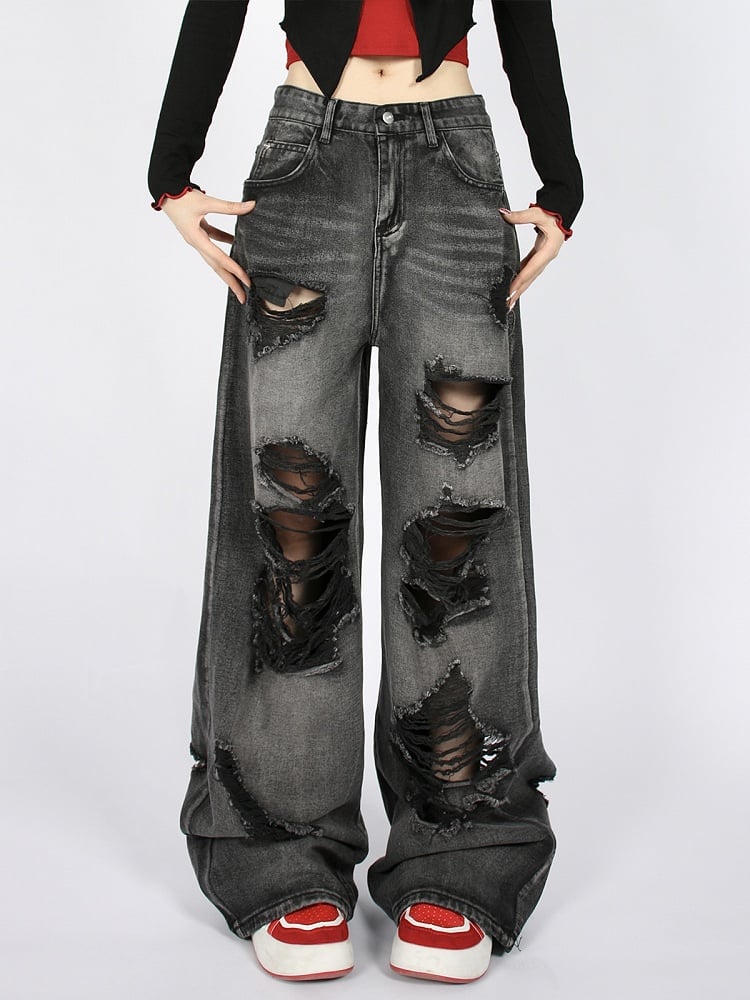 Waist Distressed Wide-Leg Jeans with Faded Wash Black Low