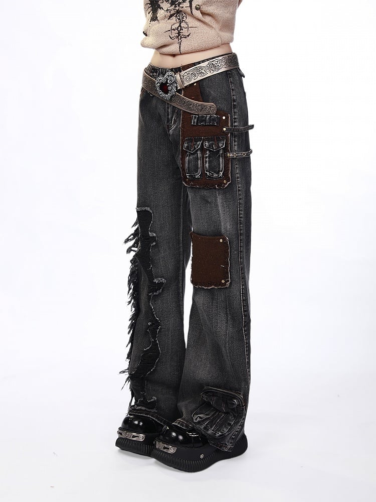 Gray Flared Wide-Leg Jeans with Distressed Raw Hem Details