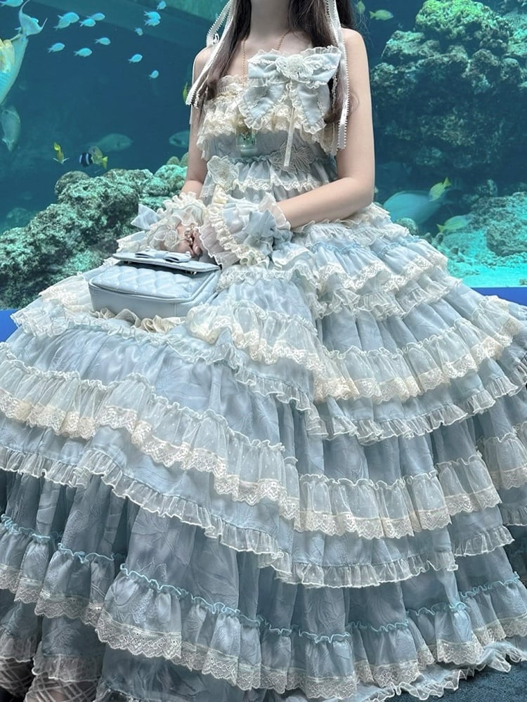 Goldfish Blue Adjustable Ruffle Sweet Embroidery Dress Lolita Straps and with Multi-Layered
