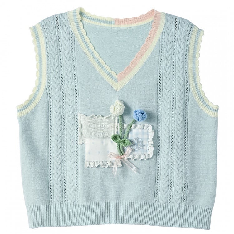 Gilet tricoté bleu à patchs en dentelle fleurie Yume Kawaii