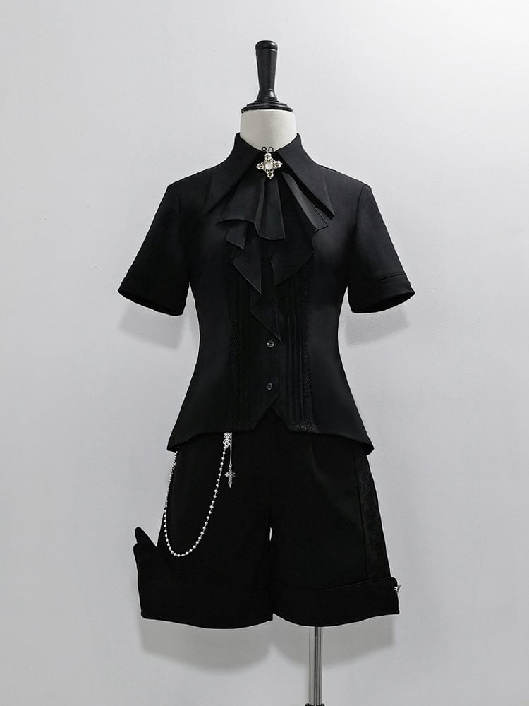 Jabot Lolita Collar Black Foldover Short Fashion Sleeves Shirt Pointed Ouji