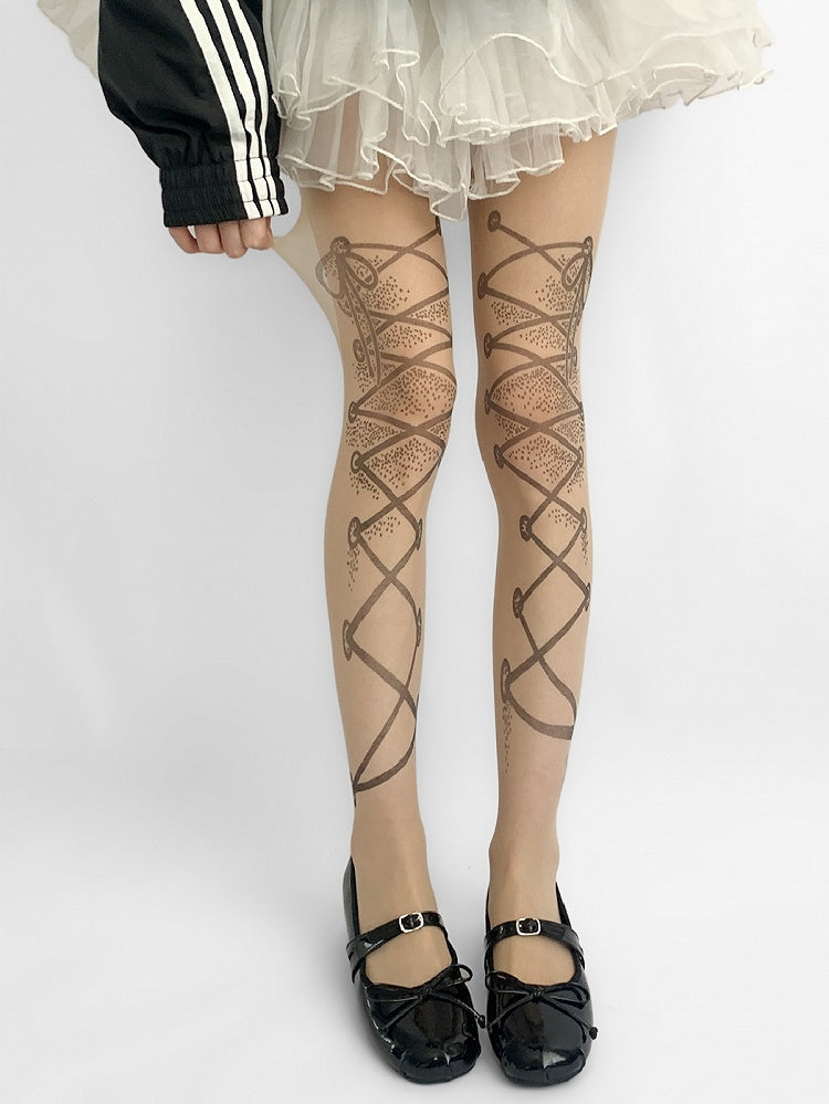 Nude Strumpfhose mit Riemen und Schnürung