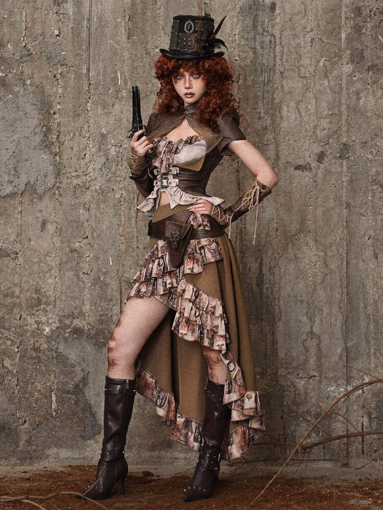Brauner Steampunk Retro Öl Rüschenbesatz High-Low Rock