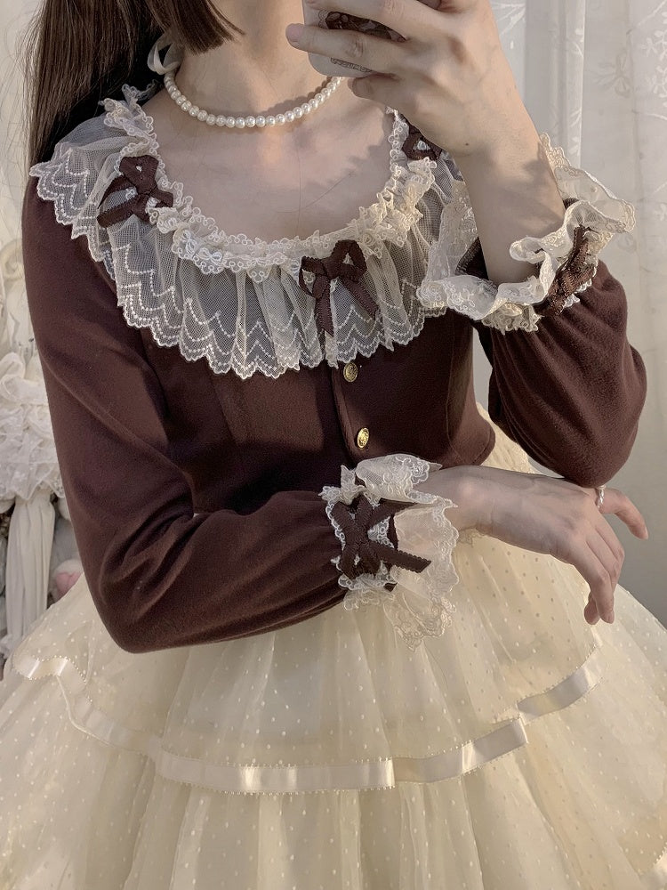 with Sleeves Accents Delicate Lace Cardigan and Coffee Bow Cozy Long Trim